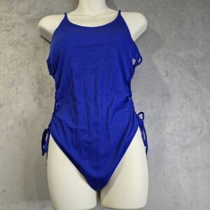 One Piece Swimsuit Size Large Ribbed Navy‎ Blue Athletic Strappy Sides Cheeky